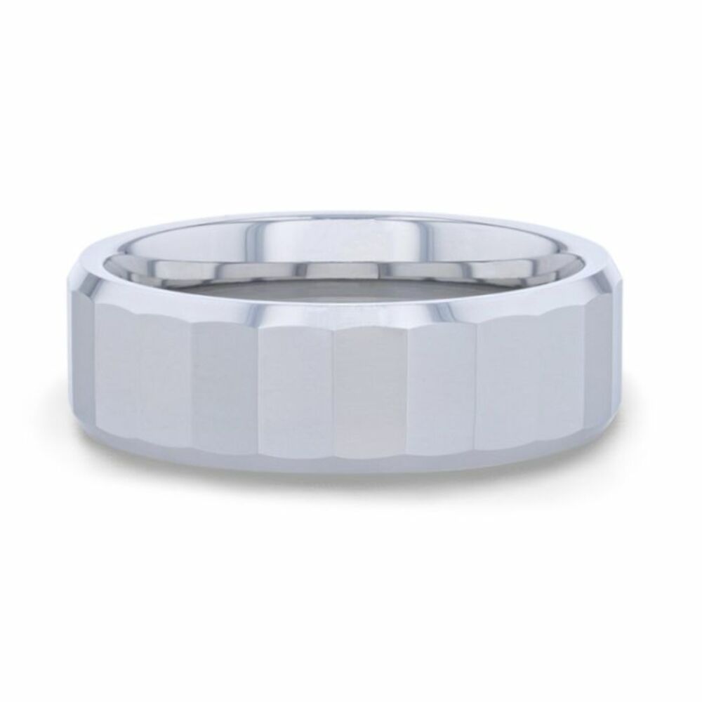 Mens Tungsten Faceted Polished Center Wedding Ring - Polished Beveled Comfort Fit - 8mm Wide - Style name: REFLECTOR