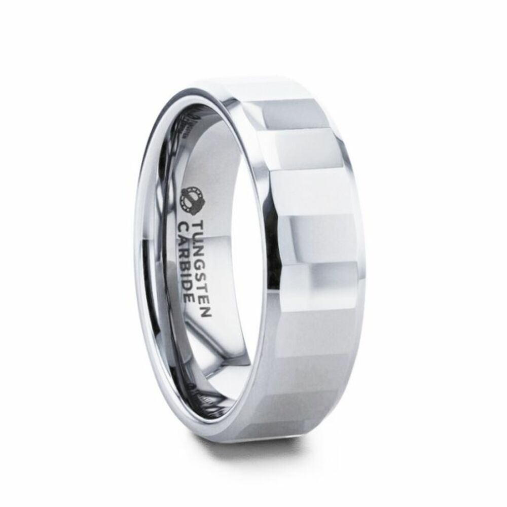 Mens Tungsten Faceted Polished Center Wedding Ring - Polished Beveled Comfort Fit - 8mm Wide - Style name: REFLECTOR