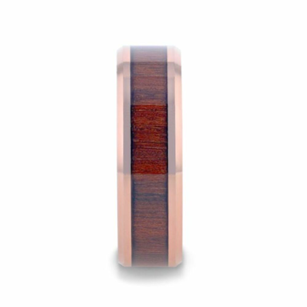 Mens Tungsten Rose Gold Plated Koa Wood Inlaid Wedding Ring - Polished Beveled Comfort Fit - 8mm Wide - Style name: DYLAN