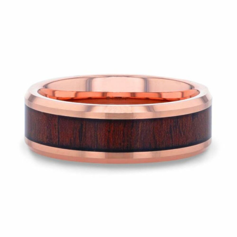 Mens Tungsten Rose Gold Plated Koa Wood Inlaid Wedding Ring - Polished Beveled Comfort Fit - 8mm Wide - Style name: DYLAN