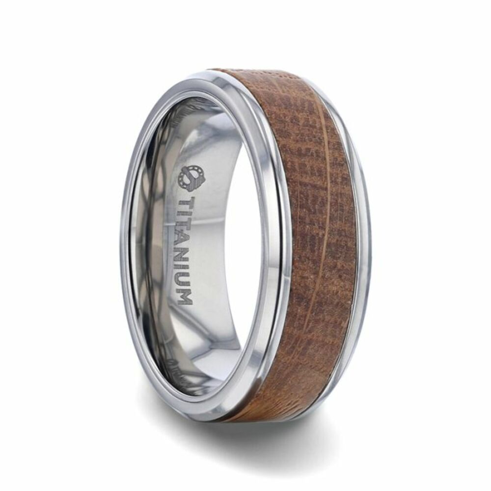 Mens Titanium Genuine Whiskey Barrel Inlaid Wedding Ring - Polished Beveled Comfort Fit - 8mm Wide - Style name: CASK