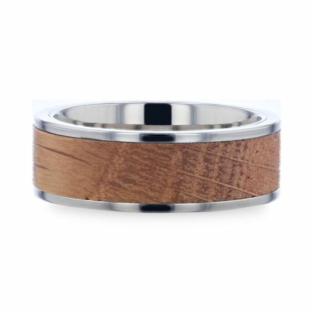 Mens Titanium Whiskey Barrel Inlaid Made From Genuine Whiskey Barrels Wedding Ring - Flat Polished Comfort Fit - 8mm Wide - Style name: STILL