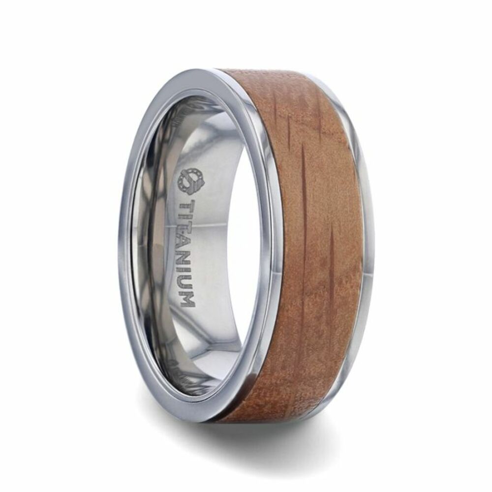 Mens Titanium Whiskey Barrel Inlaid Made From Genuine Whiskey Barrels Wedding Ring - Flat Polished Comfort Fit - 8mm Wide - Style name: STILL