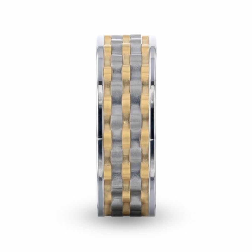 Mens Titanium Wavy Gold And Gunmetal Texture Pattern Inlaid Wedding Ring - Flat Polished Comfort Fit - 8mm Wide - Style name: MONTROSE