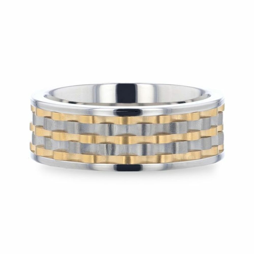 Mens Titanium Wavy Gold And Gunmetal Texture Pattern Inlaid Wedding Ring - Flat Polished Comfort Fit - 8mm Wide - Style name: MONTROSE