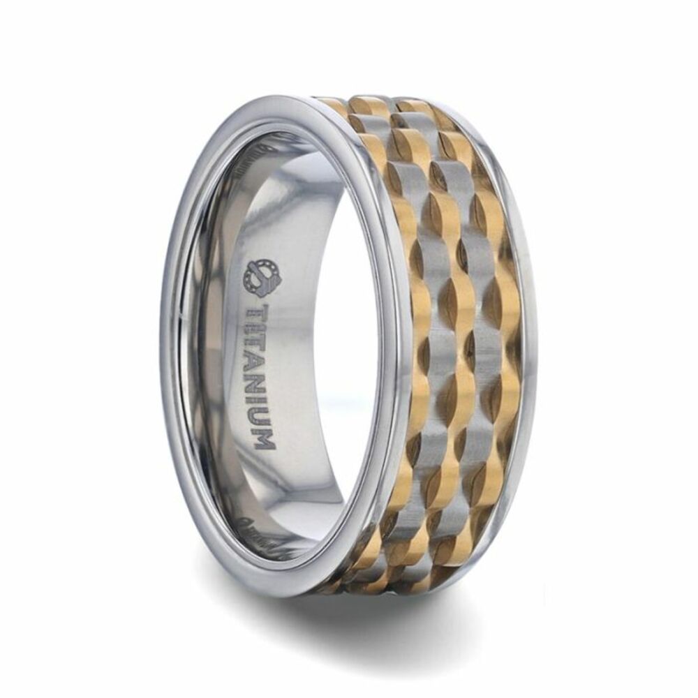 Mens Titanium Wavy Gold And Gunmetal Texture Pattern Inlaid Wedding Ring - Flat Polished Comfort Fit - 8mm Wide - Style name: MONTROSE