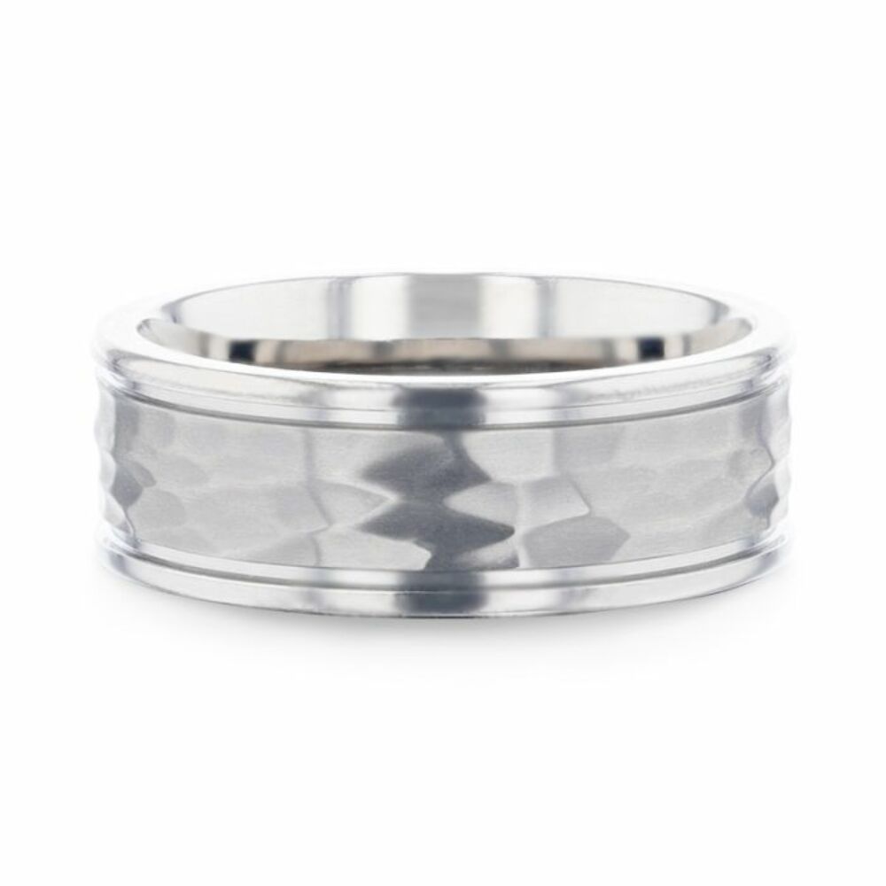 Mens White Titanium Hammered Finish Center Dual Offset Grooves Wedding Ring - Polished Comfort Fit - 8mm Wide - Style name: WILLIAM