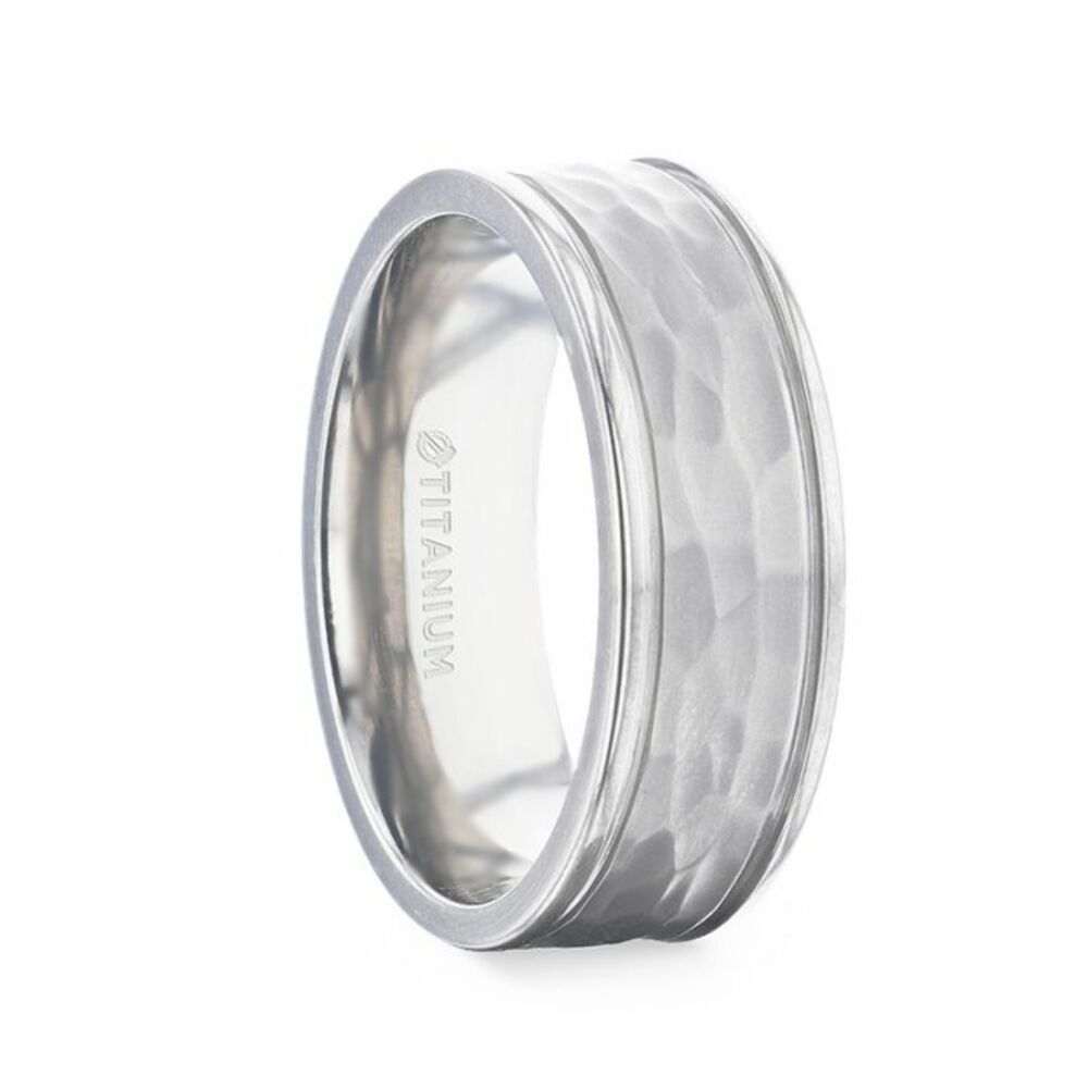 Mens White Titanium Hammered Finish Center Dual Offset Grooves Wedding Ring - Polished Comfort Fit - 8mm Wide - Style name: WILLIAM