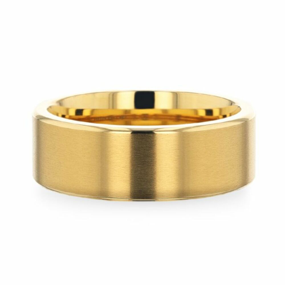 Mens Titanium Yellow Gold Plating Flat Brushed Finish Center Wedding Ring - Polished Edges Comfort Fit - 8mm Wide - Style name: AURELIANO