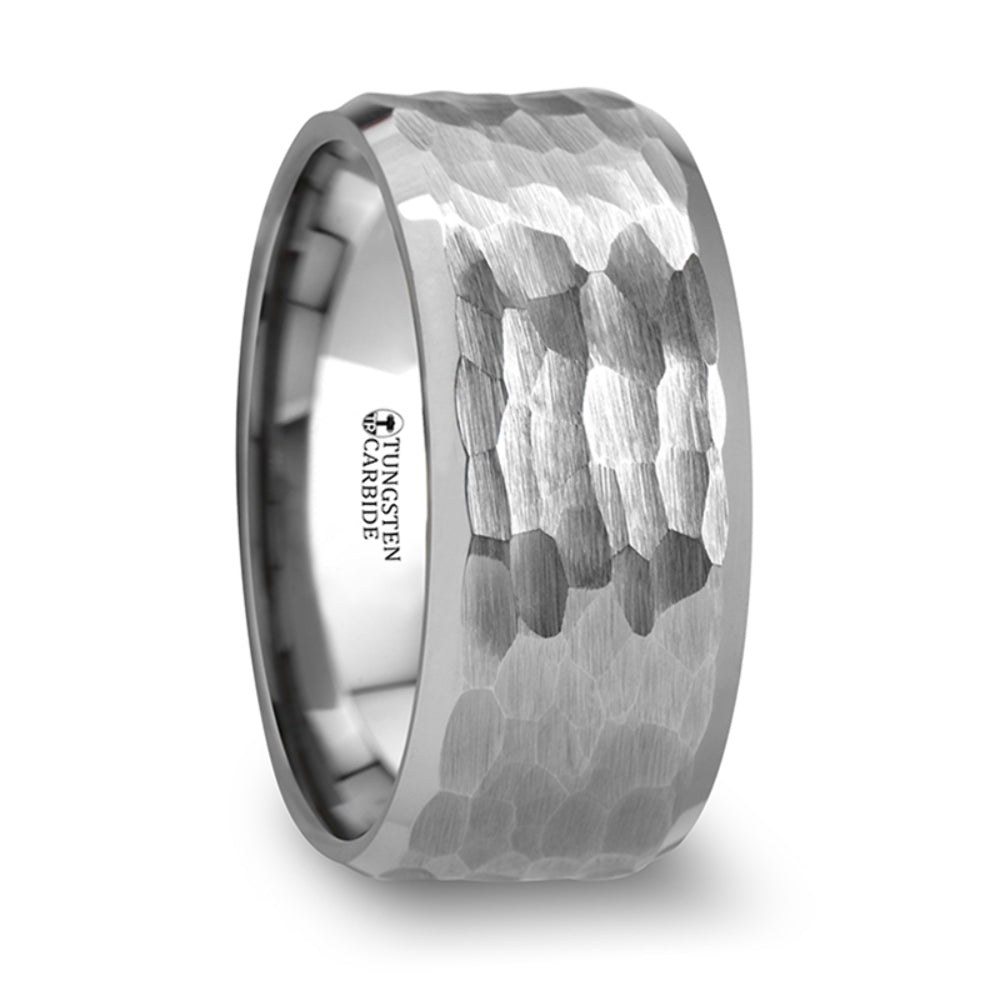 Mens Tungsten Hammered Finish White Wedding Ring - Polished Beveled Comfort Fit - 8mm 10mm Wide - Style name: MARTEL
