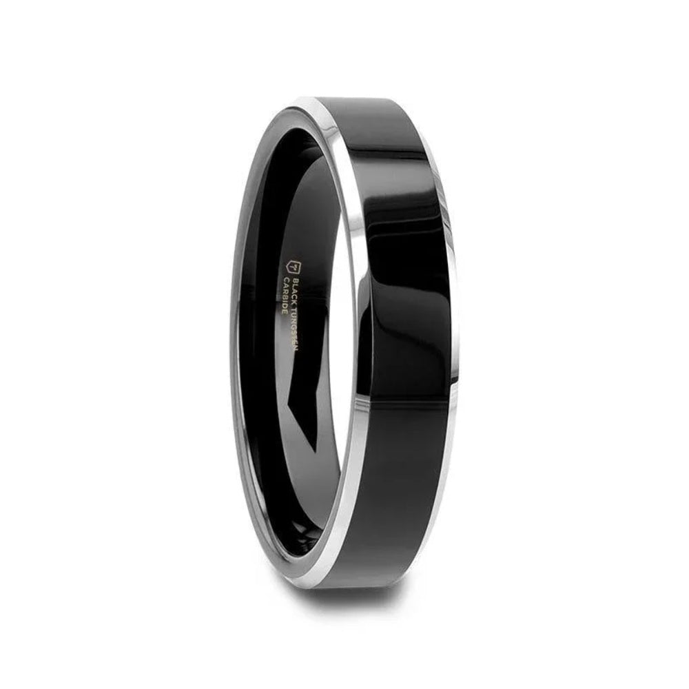 Mens Tungsten Carbide Black Polish Finished Center Wedding Ring - Metallic Beveled Edges Comfort Fit - 4mm 6mm 8mm Wide - Style name: MACLAREN