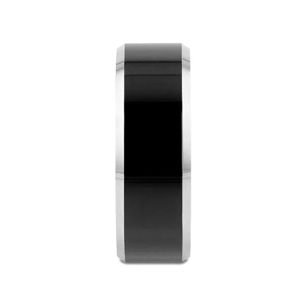 Mens Tungsten Carbide Black Polish Finished Center Wedding Ring - Metallic Beveled Edges Comfort Fit - 4mm 6mm 8mm Wide - Style name: MACLAREN