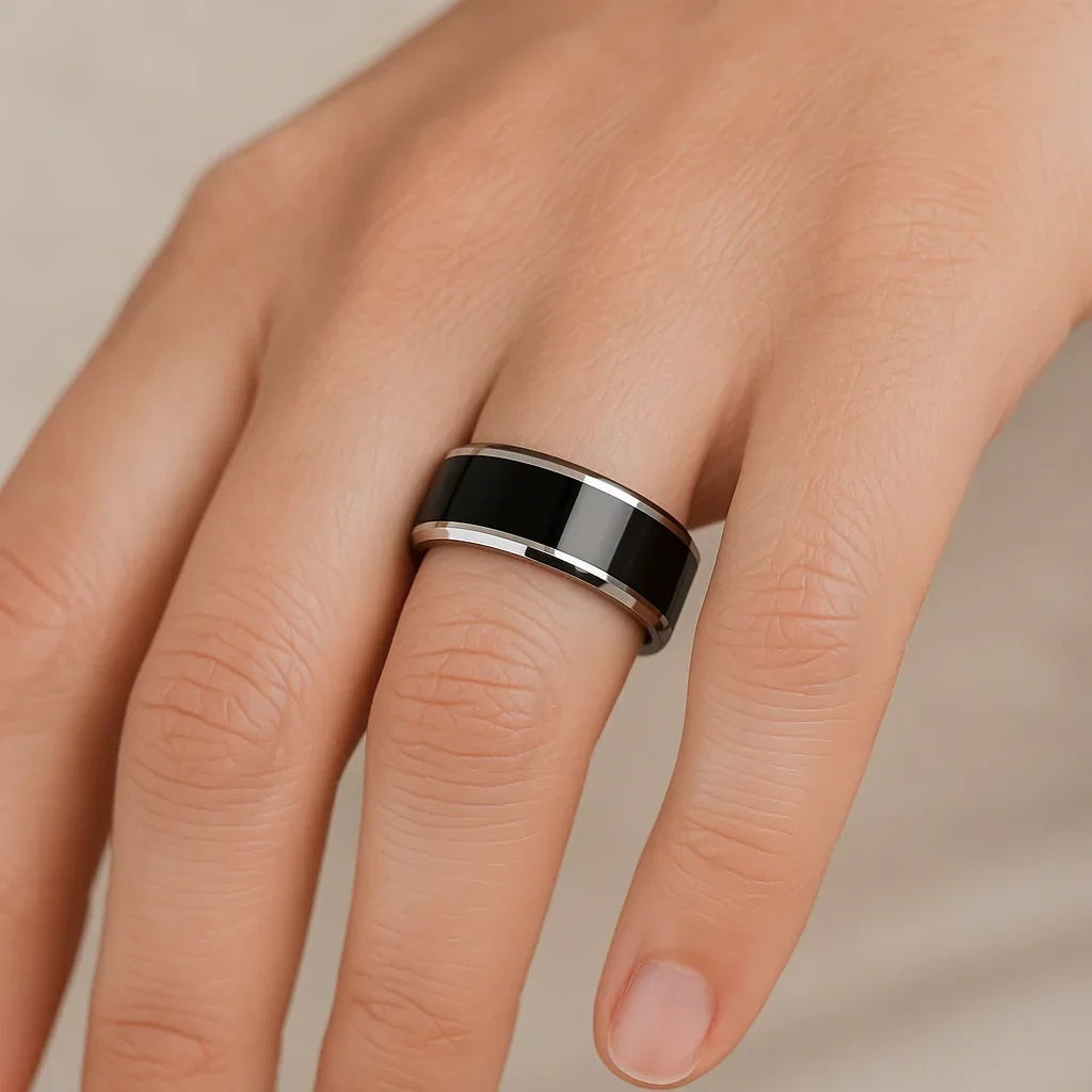 Mens Tungsten Carbide Black Polish Finished Center Wedding Ring - Metallic Beveled Edges Comfort Fit - 4mm 6mm 8mm Wide - Style name: MACLAREN