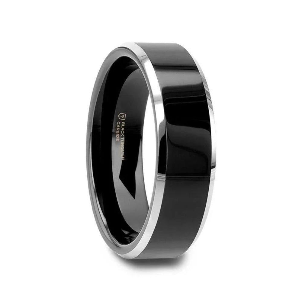 Mens Tungsten Carbide Black Polish Finished Center Wedding Ring - Metallic Beveled Edges Comfort Fit - 4mm 6mm 8mm Wide - Style name: MACLAREN