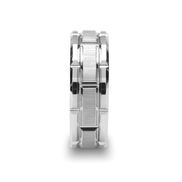 Mens Tungsten Carbide Brush Finished Center Alternating Grooves Wedding Ring - Beveled Comfort Fit - 8mm Wide - Style name: WARWICK