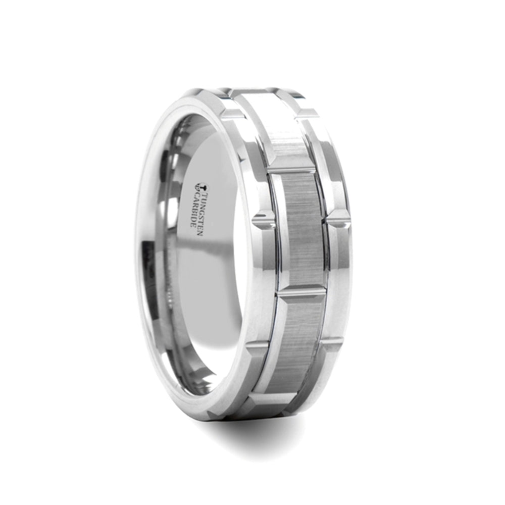 Mens Tungsten Carbide Brush Finished Center Alternating Grooves Wedding Ring - Beveled Comfort Fit - 8mm Wide - Style name: WARWICK