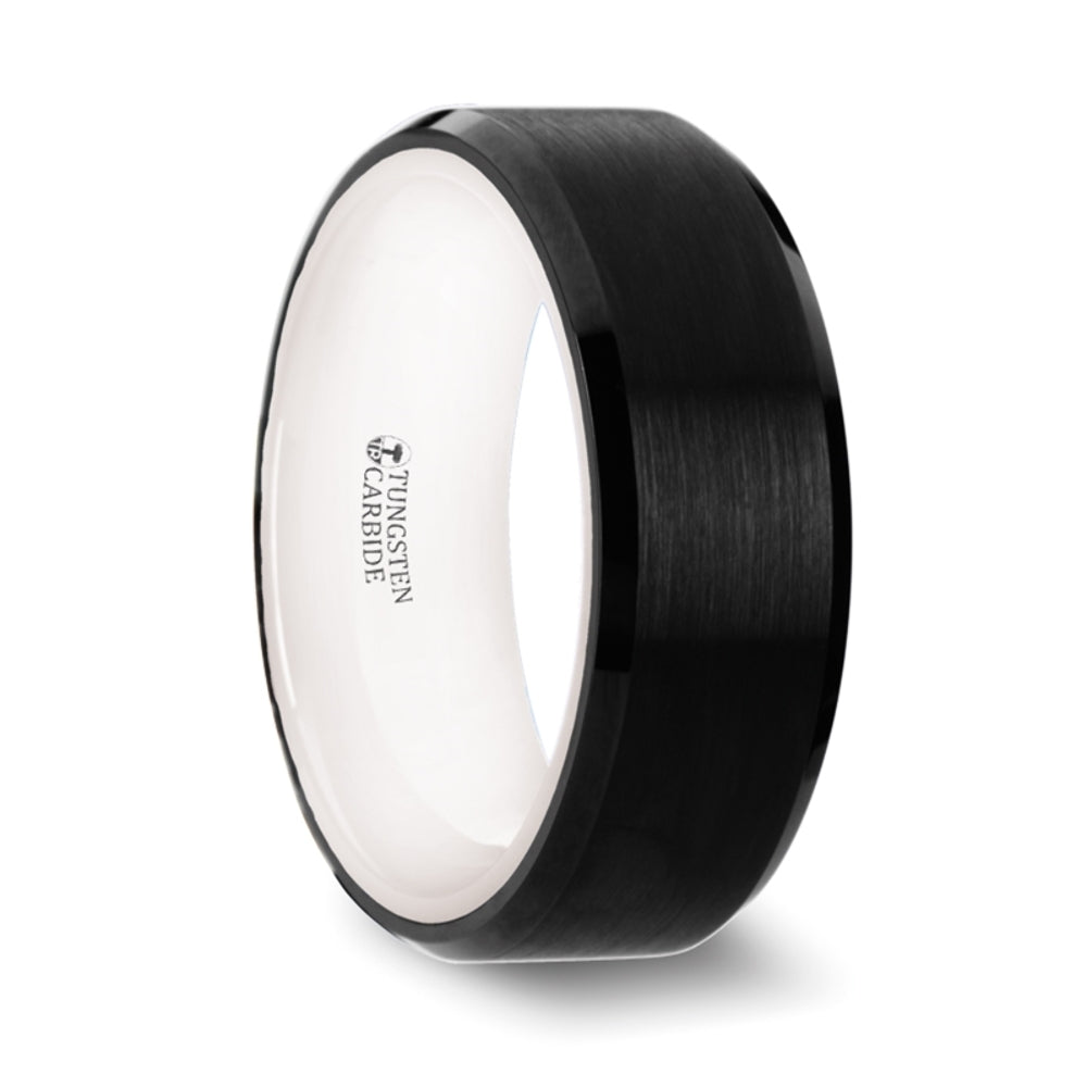 Mens Black Tungsten White Interior Brushed Center Wedding Ring - Polished Beveled Edges Comfort Fit - 8mm Wide - Style name: SIGMA