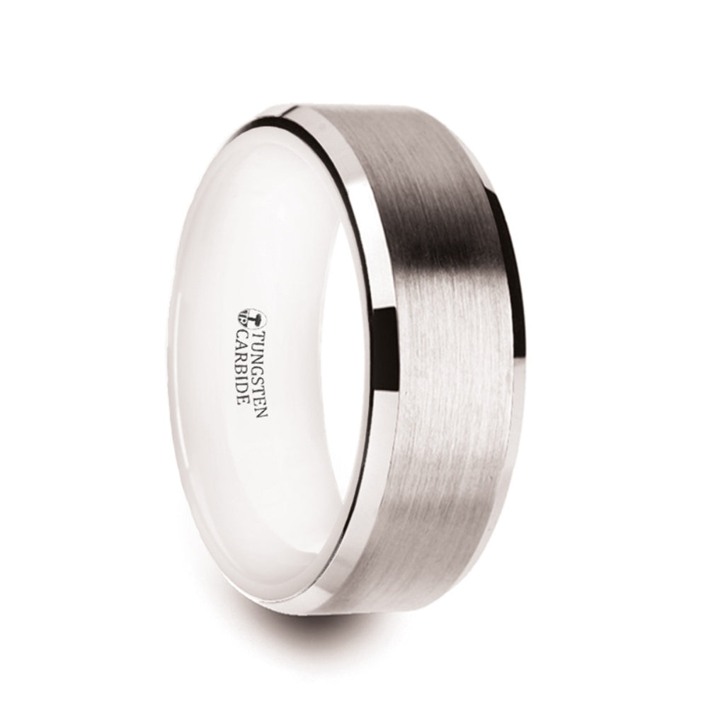 Mens White Tungsten Brushed Center White Interior Wedding Ring - Polished Beveled Edges Comfort Fit - 8mm Wide - Style name: ANTARES