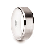 Load image into Gallery viewer, Mens White Tungsten Brushed Center White Interior Wedding Ring - Polished Beveled Edges Comfort Fit - 8mm Wide - Style name: ANTARES
