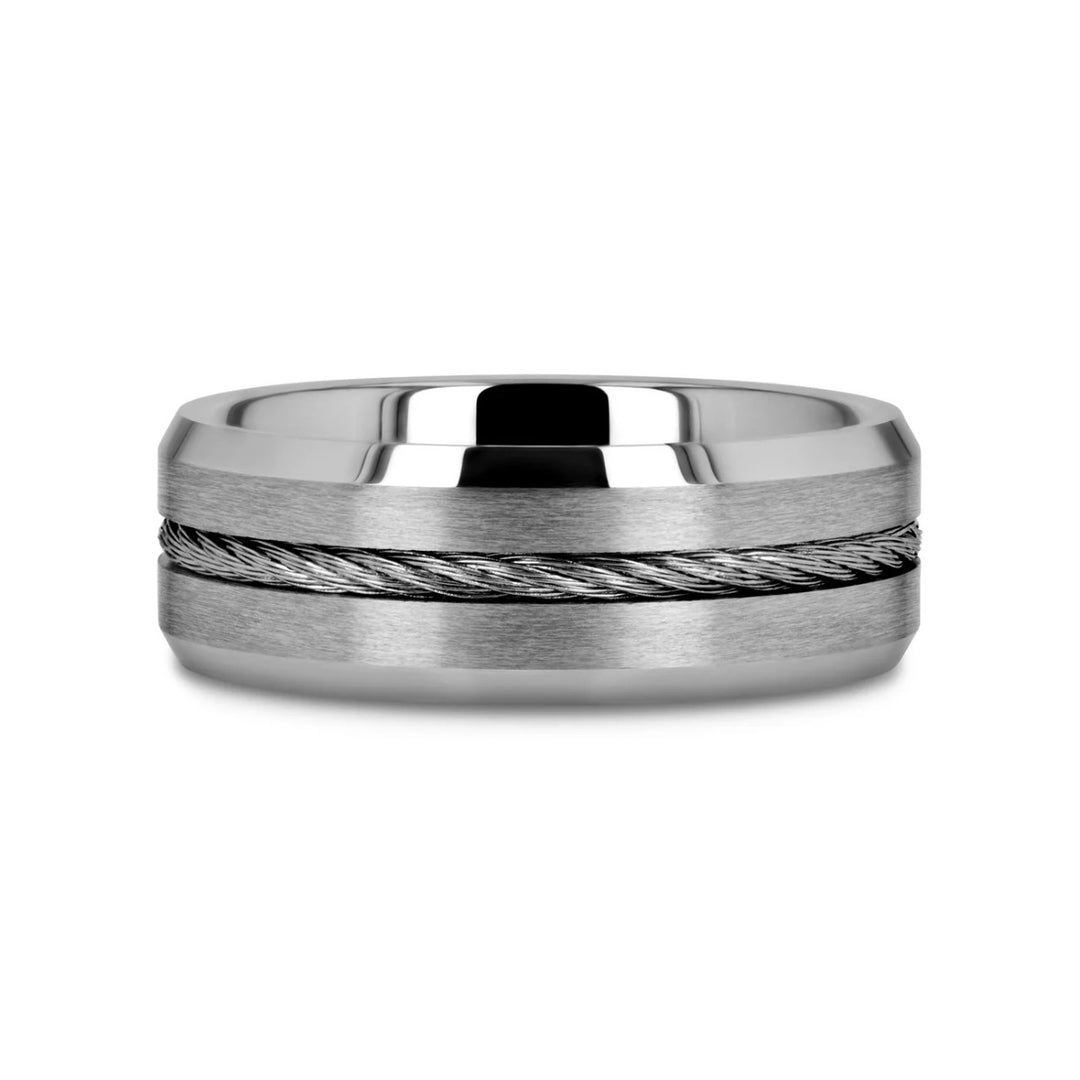 Mens Tungsten Flat Steel Wire Cable Inlay Wedding Ring - Beveled Comfort Fit - 8mm Wide - Style name: LANNISTER