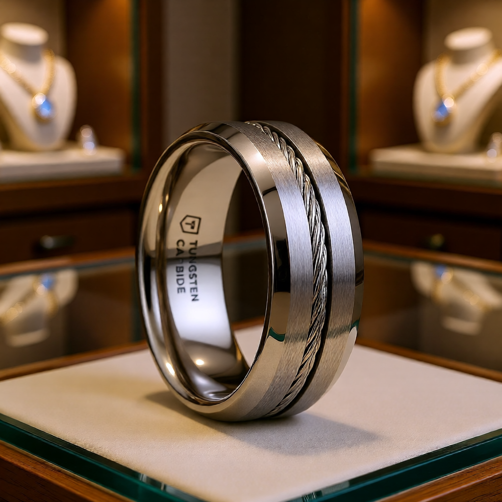 Mens Tungsten Flat Steel Wire Cable Inlay Wedding Ring - Beveled Comfort Fit - 8mm Wide - Style name: LANNISTER