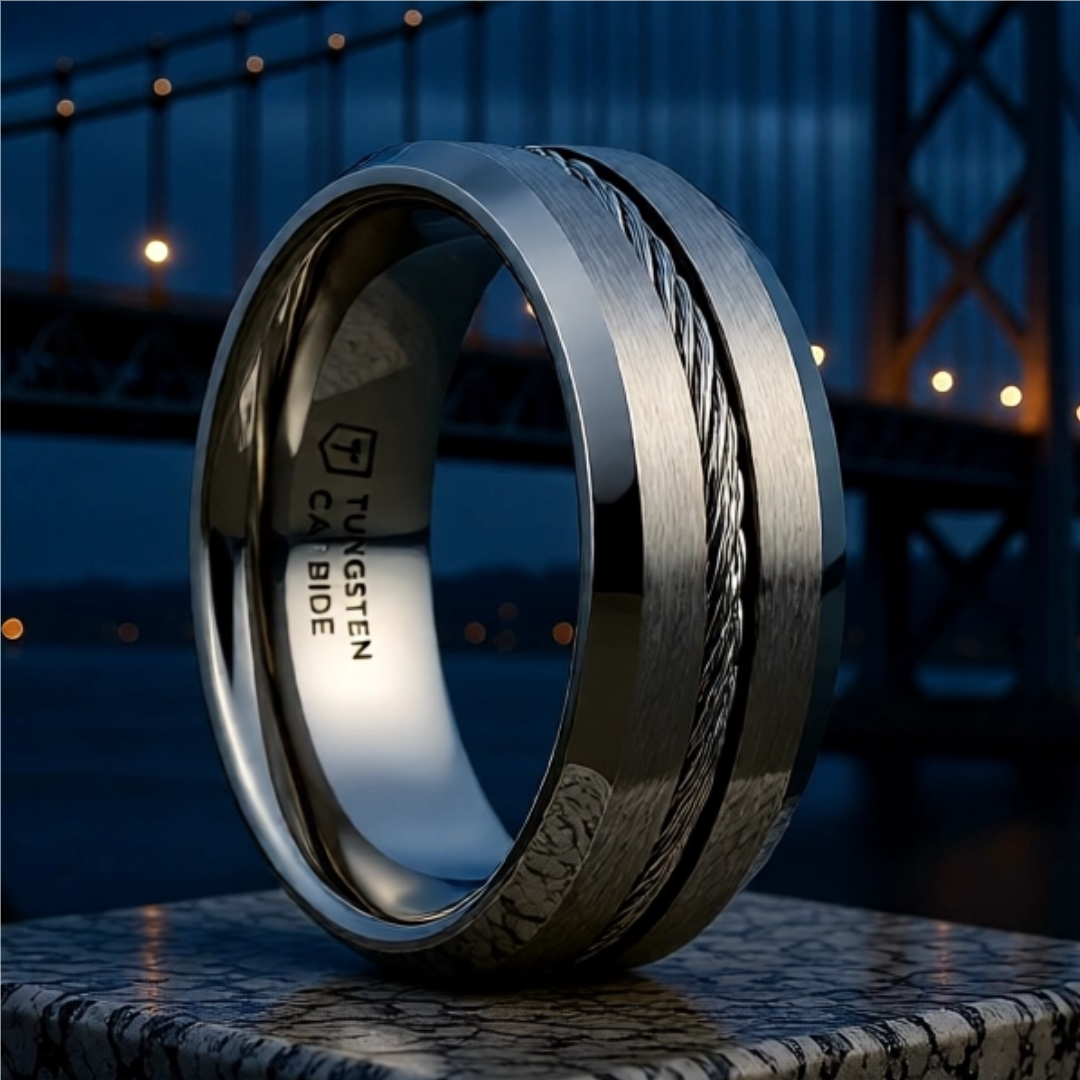 Mens Tungsten Flat Steel Wire Cable Inlay Wedding Ring - Beveled Comfort Fit - 8mm Wide - Style name: LANNISTER