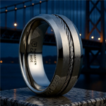 Load image into Gallery viewer, Mens Tungsten Flat Steel Wire Cable Inlay Wedding Ring - Beveled Comfort Fit - 8mm Wide - Style name: LANNISTER
