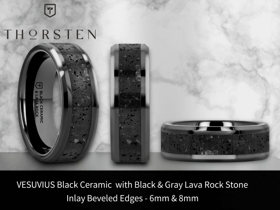 Mens Black Ceramic Black & Gray Lava Rock Stone Inlay Wedding Ring - Polished Beveled Comfort Fit - 6mm 8mm Wide - Style name: VESUVIUS