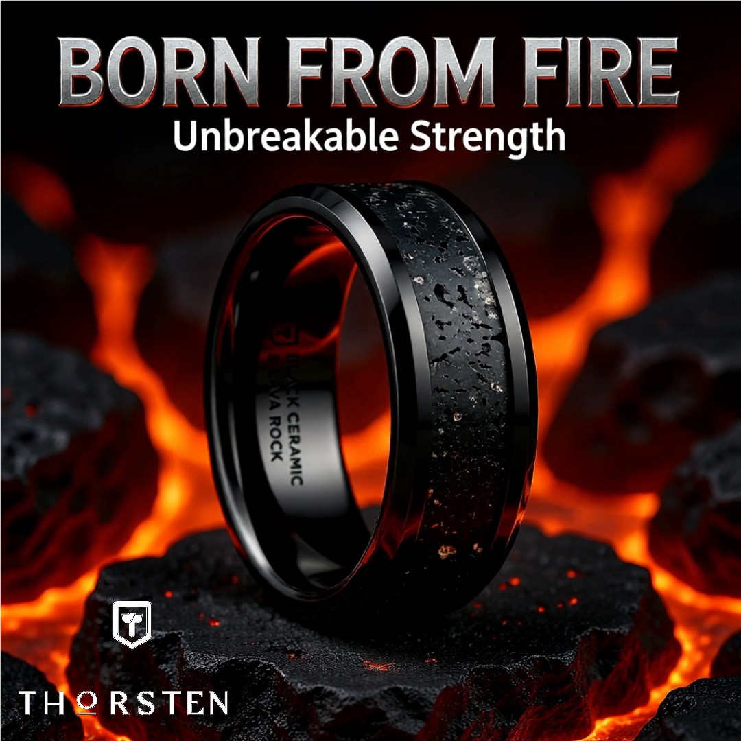 Mens Black Ceramic Black & Gray Lava Rock Stone Inlay Wedding Ring - Polished Beveled Comfort Fit - 6mm 8mm Wide - Style name: VESUVIUS