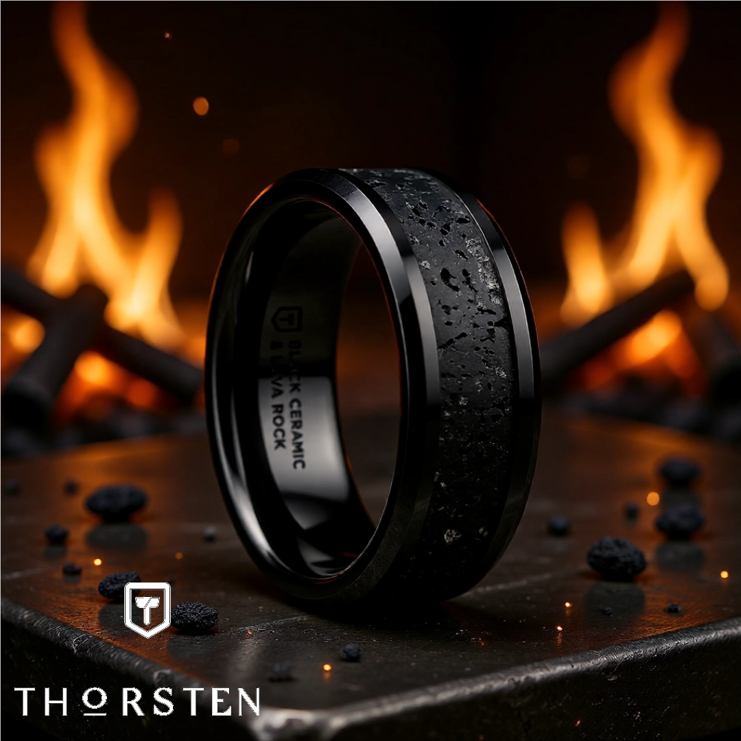 Mens Black Ceramic Black & Gray Lava Rock Stone Inlay Wedding Ring - Polished Beveled Comfort Fit - 6mm 8mm Wide - Style name: VESUVIUS