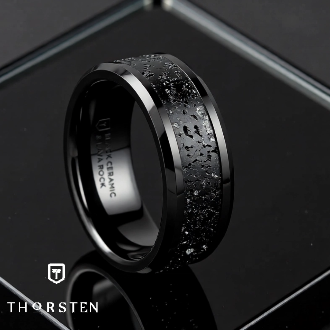 Mens Black Ceramic Black & Gray Lava Rock Stone Inlay Wedding Ring - Polished Beveled Comfort Fit - 6mm 8mm Wide - Style name: VESUVIUS