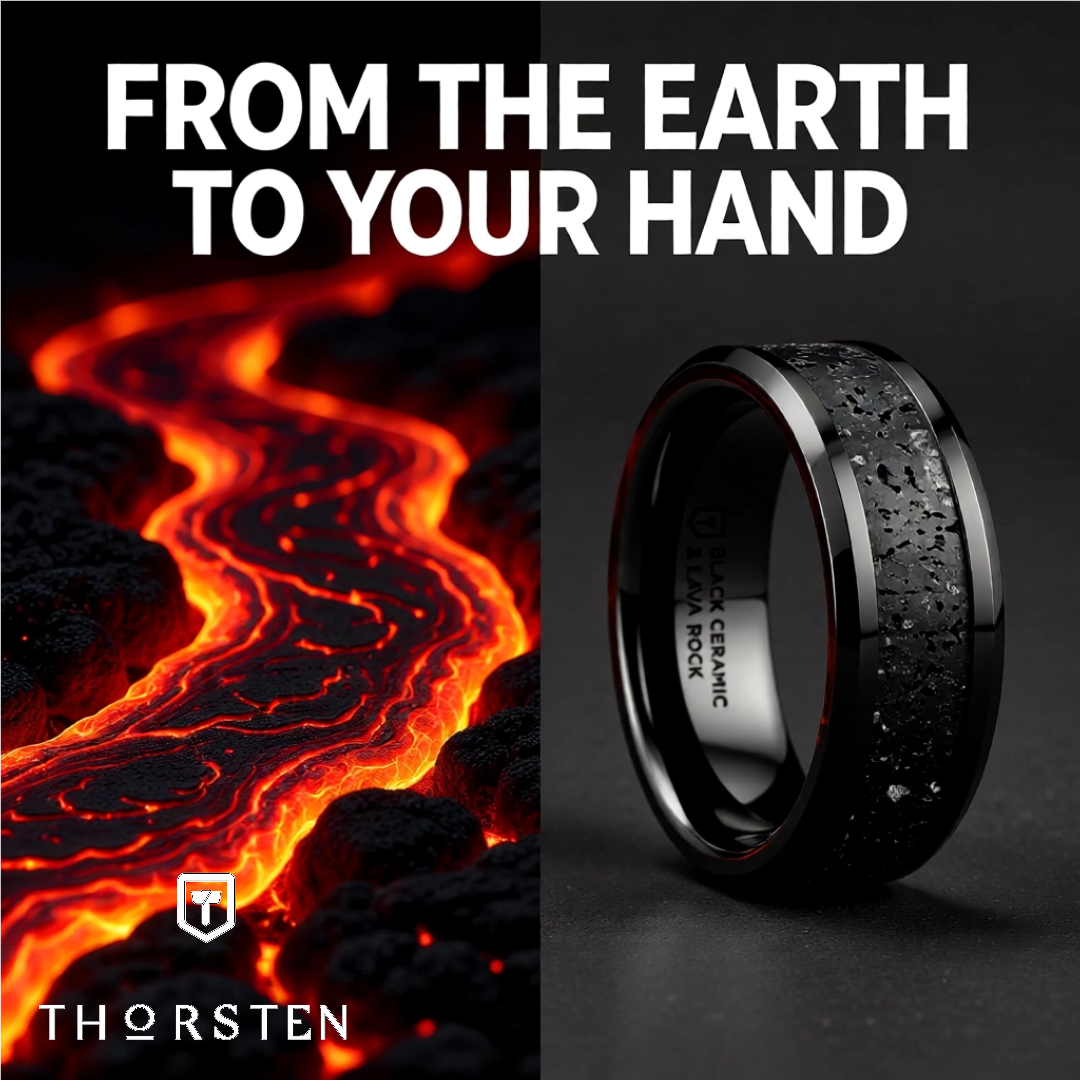 Mens Black Ceramic Black & Gray Lava Rock Stone Inlay Wedding Ring - Polished Beveled Comfort Fit - 6mm 8mm Wide - Style name: VESUVIUS