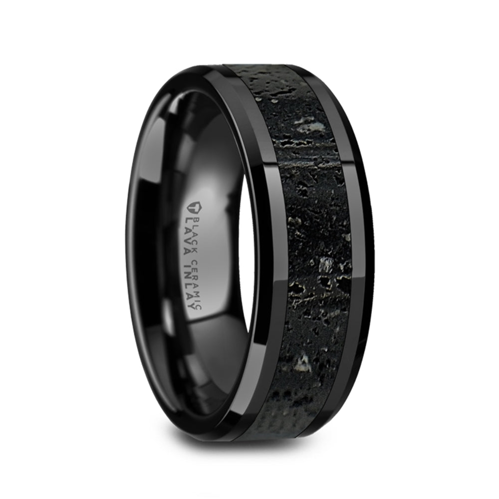 Mens Black Ceramic Black & Gray Lava Rock Stone Inlay Wedding Ring - Polished Beveled Comfort Fit - 6mm 8mm Wide - Style name: VESUVIUS