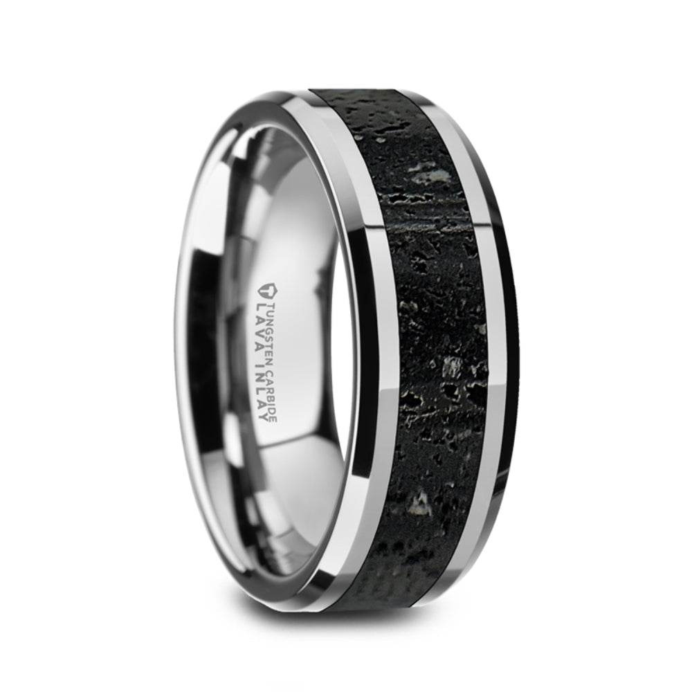 Mens Black & Gray Lava Rock Stone Inlay Tungsten Wedding Ring - Polished Beveled Edges Comfort Fit - 8mm Wide - Style name: KILAUEA