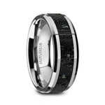 Load image into Gallery viewer, Mens Black &amp; Gray Lava Rock Stone Inlay Tungsten Wedding Ring - Polished Beveled Edges Comfort Fit - 8mm Wide - Style name: KILAUEA
