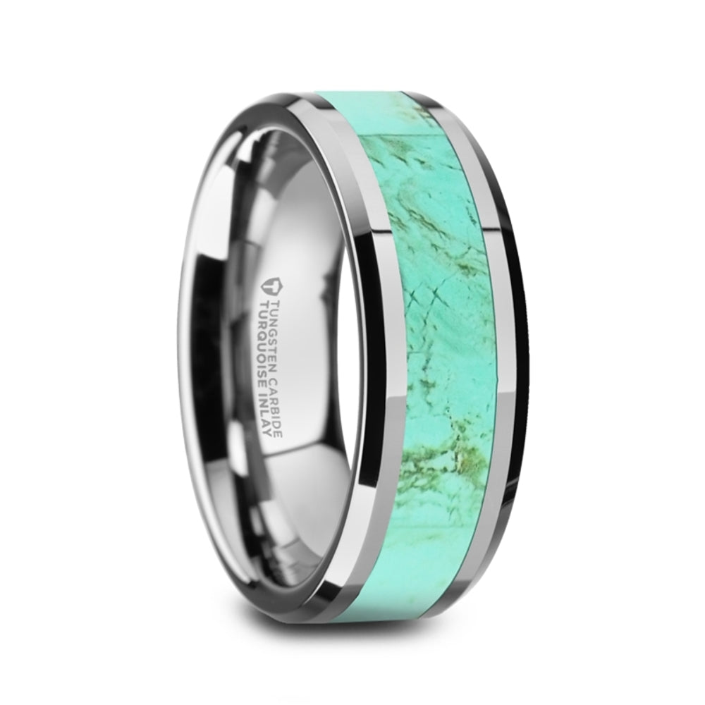 Mens Tungsten Light Blue Turquoise Stone Inlay Wedding Ring - Polished Beveled Comfort Fit - 8mm Wide - Style name: PIERRE