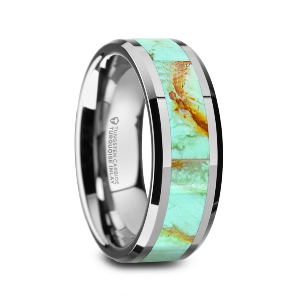 Mens Tungsten Light Blue Turquoise Stone Inlay Wedding Ring - Polished Beveled Comfort Fit - 8mm Wide - Style name: PIERRE