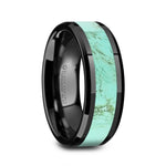 Load image into Gallery viewer, Mens Black Ceramic Light Blue Turquoise Stone Inlay Wedding Ring - Polished Beveled Comfort Fit - 8mm Wide - Style name: PIETRO
