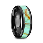 Load image into Gallery viewer, Mens Black Ceramic Light Blue Turquoise Stone Inlay Wedding Ring - Polished Beveled Comfort Fit - 8mm Wide - Style name: PIETRO
