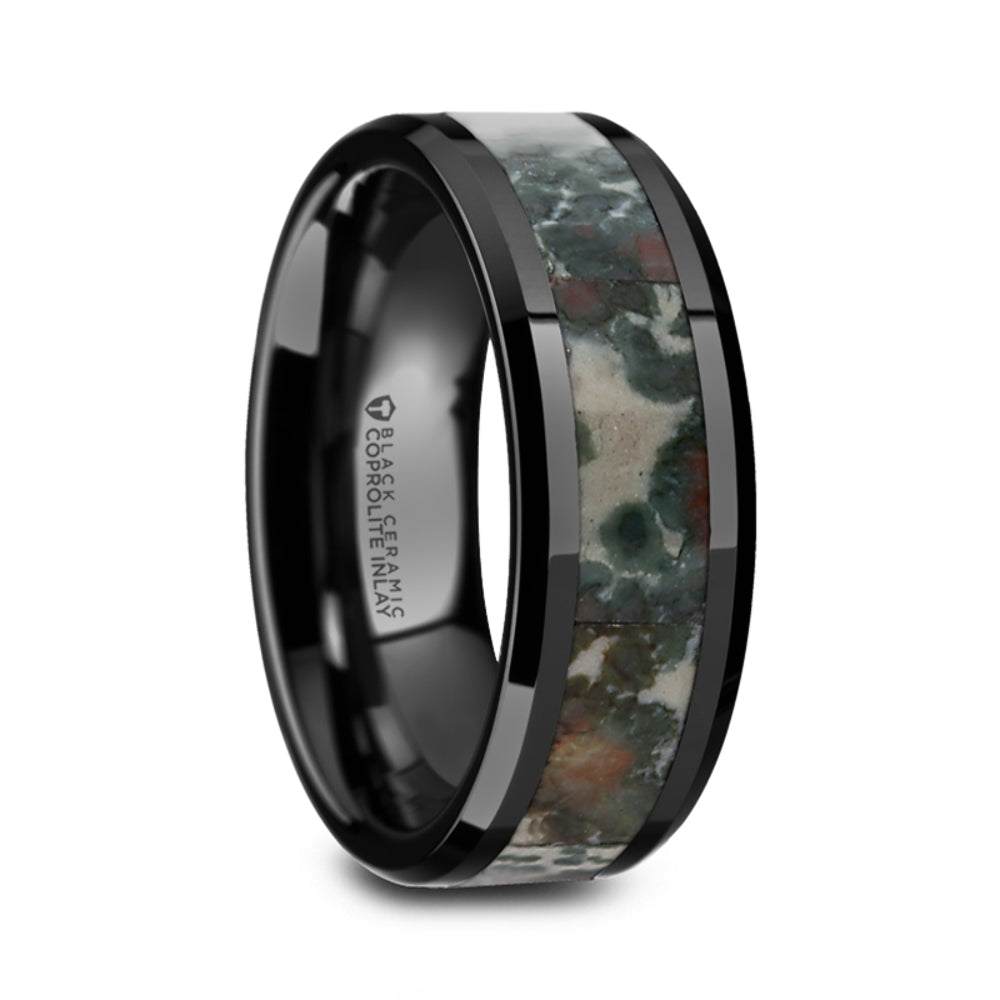 Mens Black Ceramic Coprolite Fossil Inlay Wedding Ring - Beveled Comfort Fit - 8mm Wide - Style name: PROTOCERATOPS