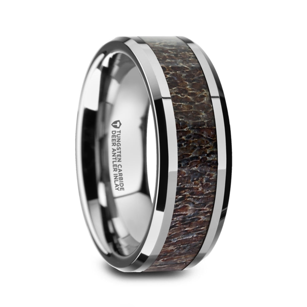 Mens Tungsten Dark Antler Inlay Wedding Ring - Polished Beveled Comfort Fit - 8mm Wide - Style name: FAWN