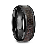 Load image into Gallery viewer, Mens Black Ceramic Dark Brown Antler Inlay Wedding Ring - Polished Beveled Comfort Fit - 6mm 8mm Wide - Style name: TINE

