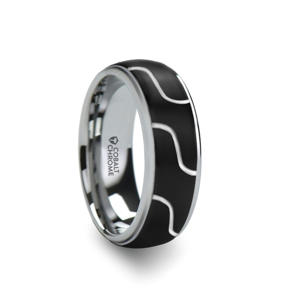 Mens Cobalt Chrome Wavy Design Center Wedding Ring - Polished Comfort Fit - 8mm Wide - Style name: FUSION