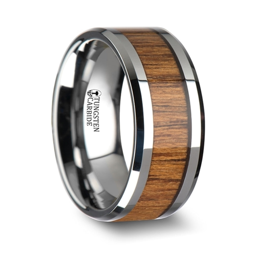 Mens Tungsten Teak Wood Inlay Wedding Ring - Polished Beveled Comfort Fit - 6mm 8mm 10mm Wide - Style name: TEKKU