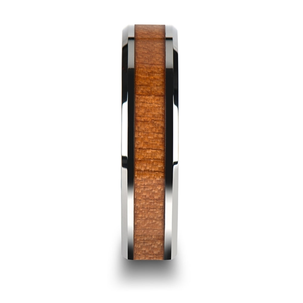 Mens Tungsten Black Cherry Wood Inlay Wedding Ring - Polished Bevels Comfort Fit - 6mm 8mm 10mm Wide - Style name: BRUNSWICK