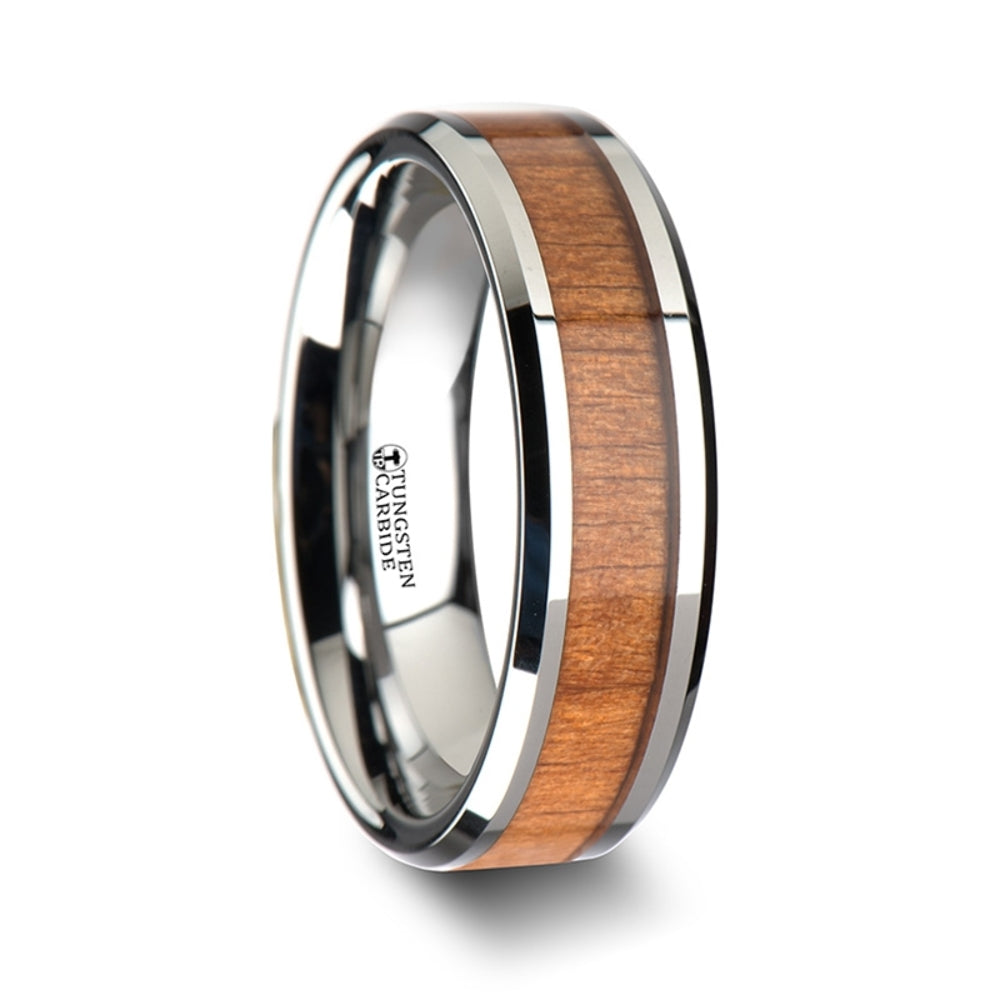 Mens Tungsten Black Cherry Wood Inlay Wedding Ring - Polished Bevels Comfort Fit - 6mm 8mm 10mm Wide - Style name: BRUNSWICK