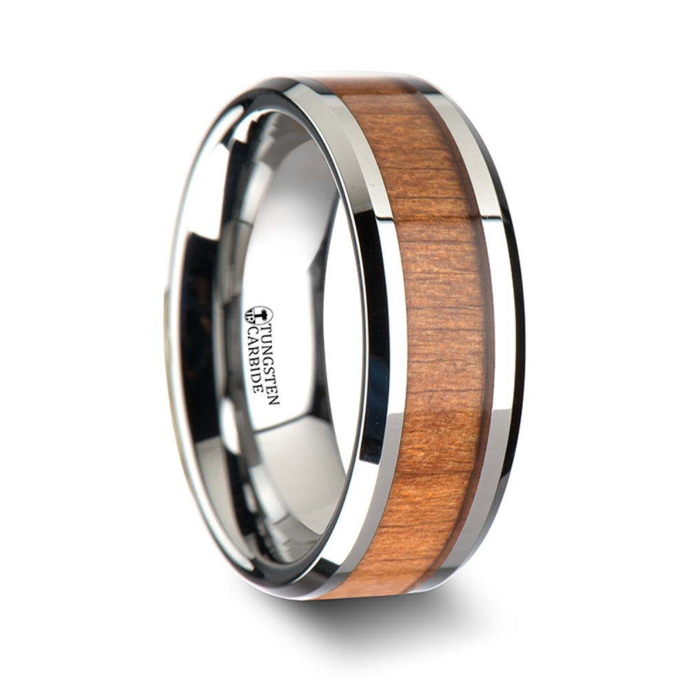 Mens Tungsten Black Cherry Wood Inlay Wedding Ring - Polished Bevels Comfort Fit - 6mm 8mm 10mm Wide - Style name: BRUNSWICK
