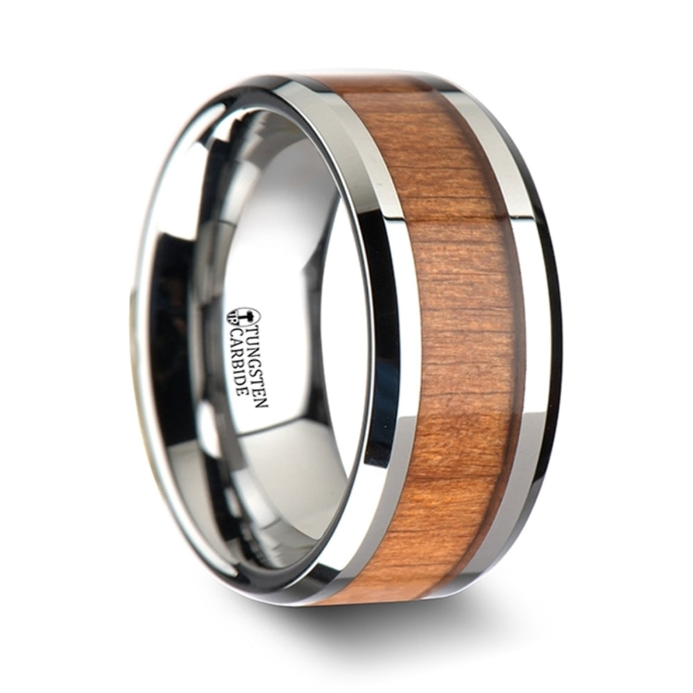 Mens Tungsten Black Cherry Wood Inlay Wedding Ring - Polished Bevels Comfort Fit - 6mm 8mm 10mm Wide - Style name: BRUNSWICK