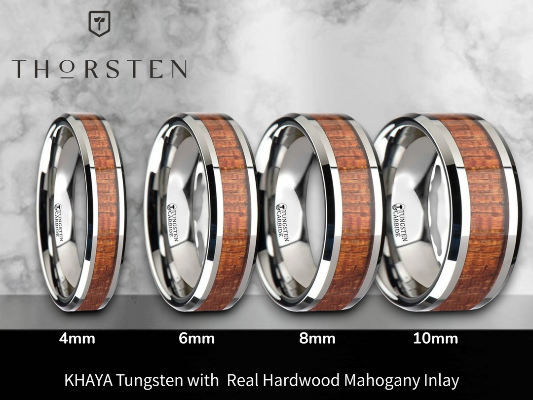 Mens Tungsten Real Hardwood Mahogany Inlay Wedding Ring - Polished Beveled Comfort Fit - 4mm 6mm 8mm 10mm Wide - Style name: KHAYA