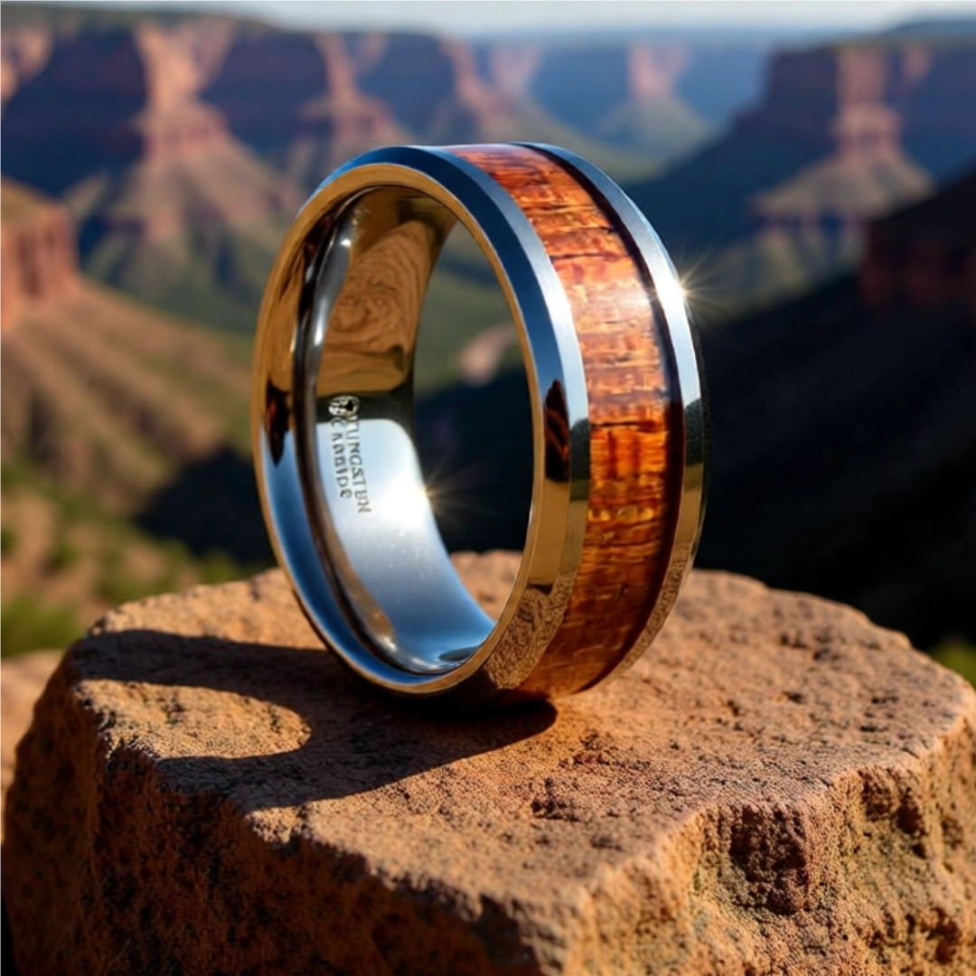 Mens Tungsten Real Hardwood Mahogany Inlay Wedding Ring - Polished Beveled Comfort Fit - 4mm 6mm 8mm 10mm Wide - Style name: KHAYA